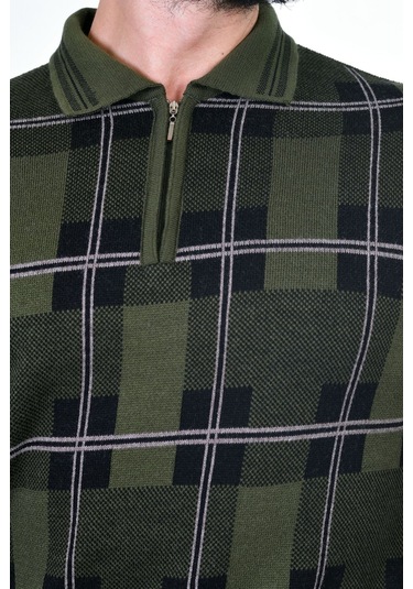 Kamalı Erkek Çelik Örgü Oduncu Desenli Gömlek Yaka Fermuarlı Polo Yakalı Tüylenmez Triko Kışlık Baba Kazak Haki