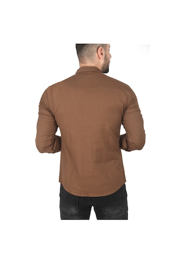 Deepsea Erkek Kahve Büyük Beden Pamuklu Likralı Spor Gömlek Dar Kalıp, Çıt Çıt Kapamalı 2500423 Kahve