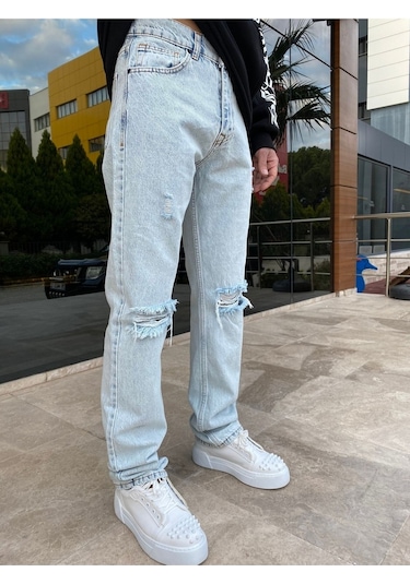Buz Mavisi Dizi Yırtık Baggy Erkek Jean Pantolon Buz Mavi