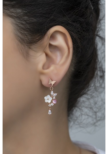 Nereze 925 Ayar Gümüş Pembe Taşlı Kelebek Manolya Çiçeği Küpe