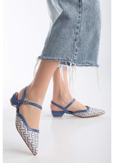 Baskılı Cilt Arka Açık Mavi Kadın Kısa Topuklu Ayakkbı-2696-mavi Mavi