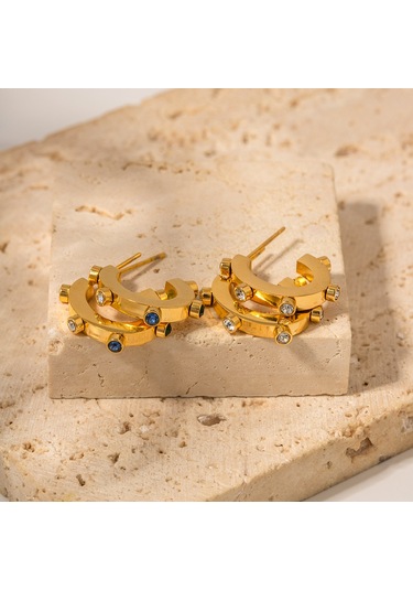 Ins İnternet Ünlü Abartılı Tasarım 18k Altın Paslanmaz Çelik Renkli Elmaslarla Kakmalı C Şeklinde Küpeler Popüler Titanyum Çelik Küpeler Diğer