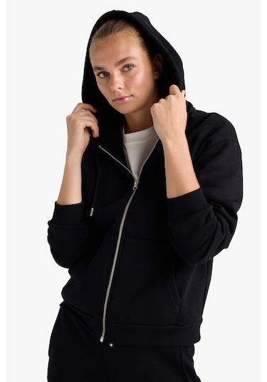 Defacto Relax Fit Kapüşonlu Basic Düz Kalın Fermuarlı Sweatshirt C1809ax25aubk81 Siyah