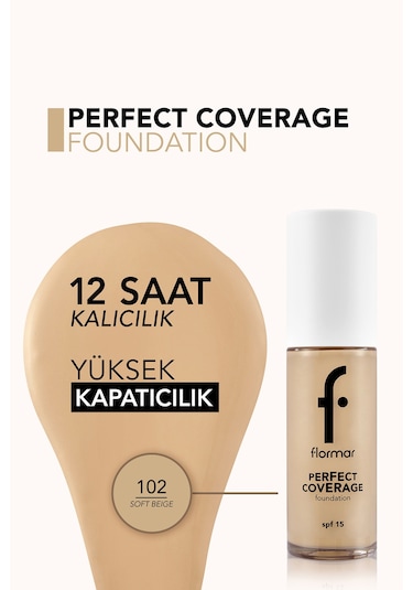 Flormar Perfect Coverage Yoğun Kapatıcı Su Bazlı Fondöten (Nötr Alt Ton) -102 Soft Beige -8682536058162