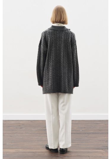 Yakalı Saç Örgü Kazak Antrasit Antrasit