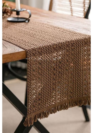 Pamuk Dantel Runner 35x145 Cm Masa Örtüsü Koyu Kahve