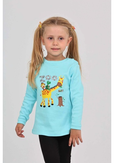 Toontoy Kız Çocuk Zürafa Baskılı Sweatshirt Turkuaz