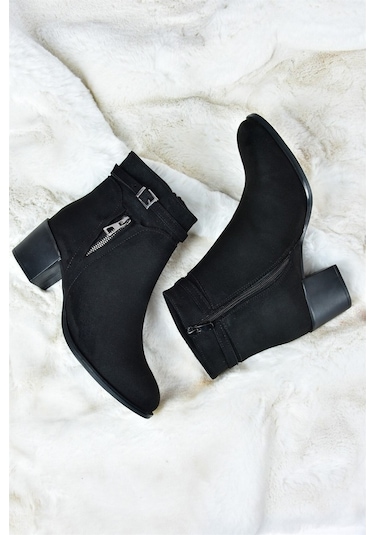 Fox Shoes Siyah Süet Kalın Topuklu Kadın Bot L674155202