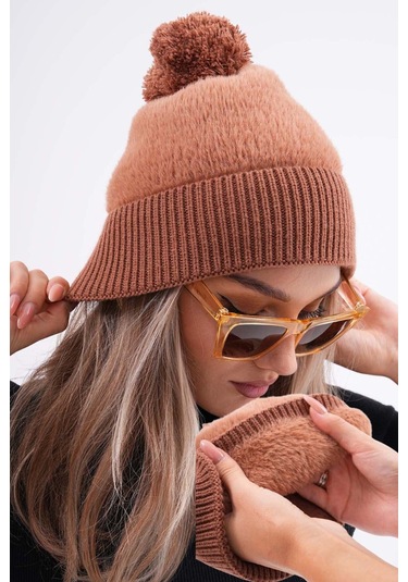 Peluş Ponponlu Bere Kahve