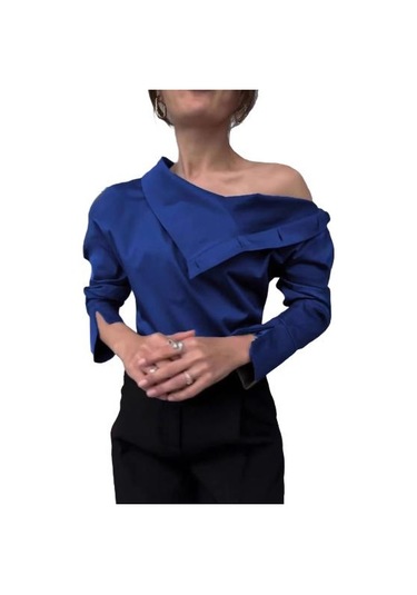 Kadın Gömlek Düğme Eklemeli Balıkçı Yaka Uzun Kollu Rahat Bol Kesim Gömlek Düz Mavi