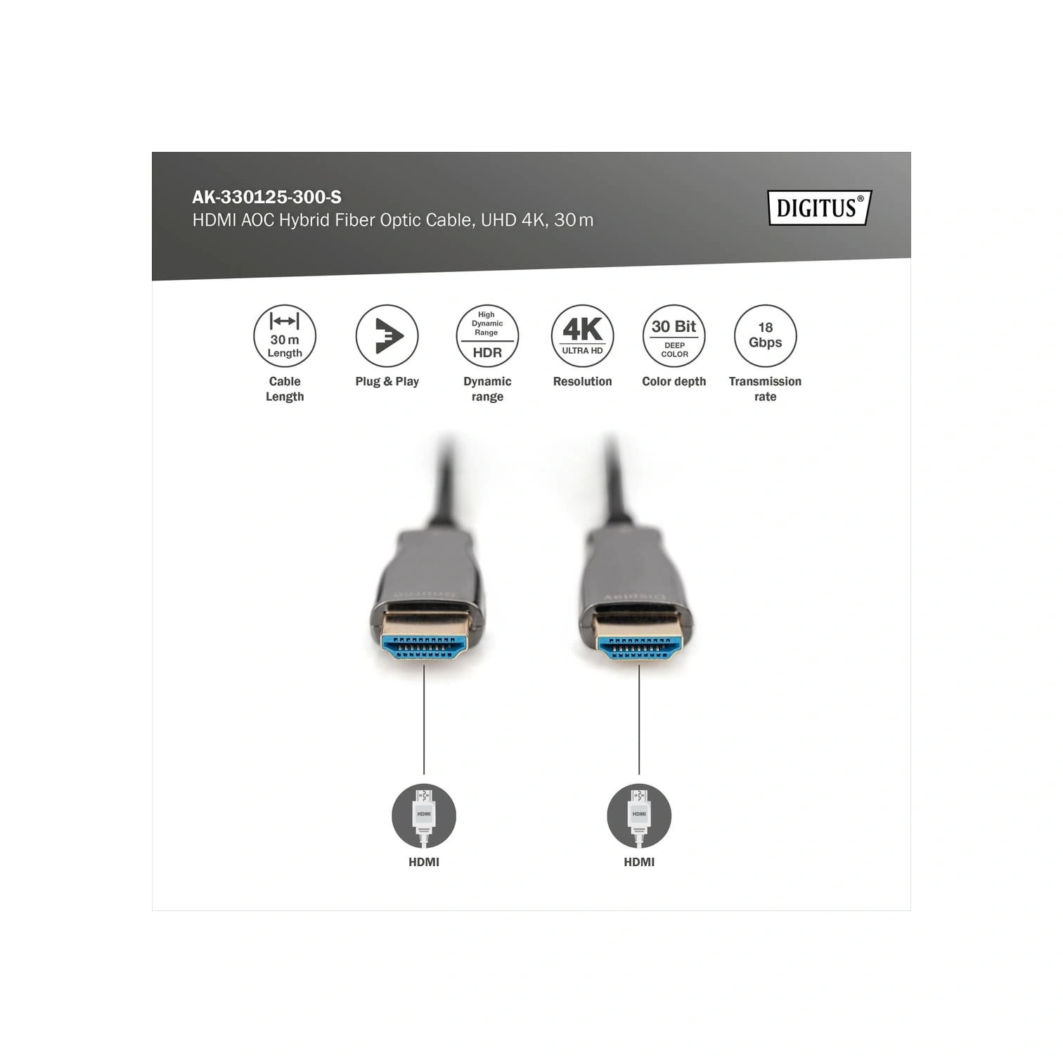Digitus 30 Metre 4k Fiber Hdmı Kablo Sıkıştırmasız Görüntü Aktarımı Aoc