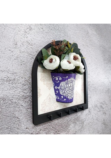 Cajuart Ahşap Motifli Mor Saksı İçinde Beyaz Yapay Çiçek Askılık Duvar Dekoru