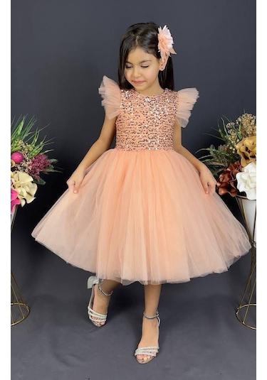 Tüllü Kız Çocuk Kpl Elbise Mnk0526 Koyu Somon