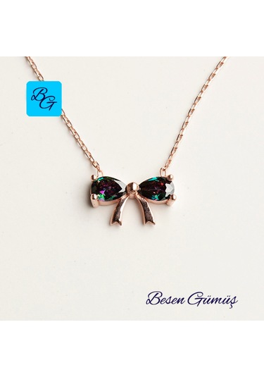 Mistik Topaz Taşlı Fiyonk Kolye Rose - Gold -  Gümüş