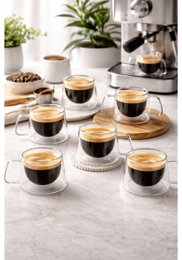 6 Adet 120 Ml Çift Cidarlı Cam Kahve Espresso Bardağı Mıt1284 Şeffaf