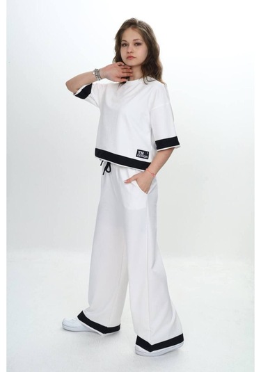 Kız Çocuk %100 Pamuk Kısa Kollu Garnili Truvakar Kol 2 İplik Alt&üst Eşofman Takımı-285-eşt-0011 Ekru