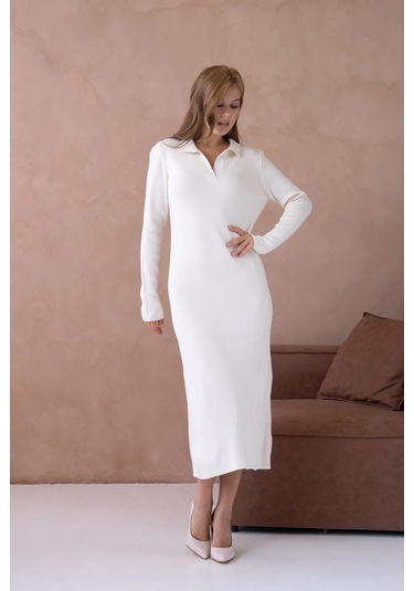 Kadın Polo Yaka Yamuşak Dokulu Maksi Boy Triko Elbise Taş