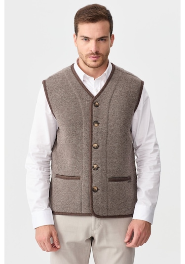 Erkek V Yaka Keçe Aksesuarlı Pike Dokuma Yün Yelek Vizon Vizon