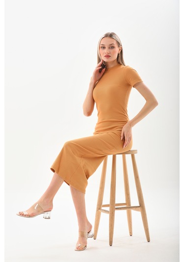 Hardal Kısa Kollu Diz Altı Fitilli Esnek Kalem Elbise - 130 Cm Hardal
