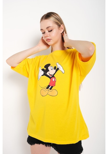 Kadın Sarı Kollar Açık Micky Oversize Tshirt Sari