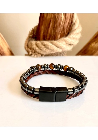 %100 Deri&hematit Kombin Kahve Erkek Bileklik Net 21cm Türk Malı Kahverengi - Siyah