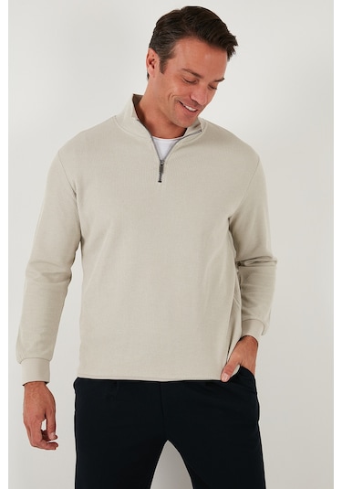 Buratti Pamuklu Regular Fit Yarım Fermuarlı Dik Yaka Erkek Sweat 5905716 Taş