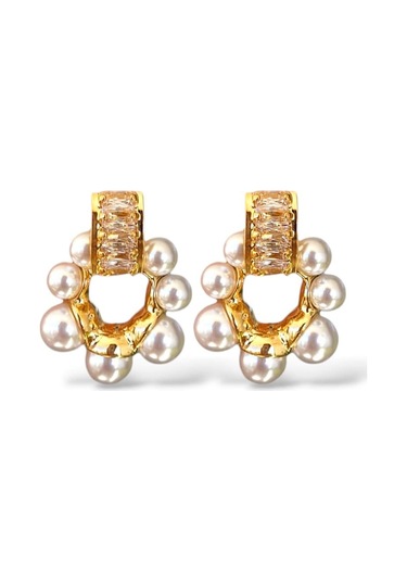 Glowy Aksesuar Çiçek Motif Taşlı İnci Çelik Küpe Gold