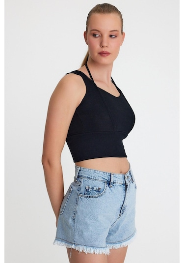 Polo State Kadın Ense Biye Detaylı Crop Siyah