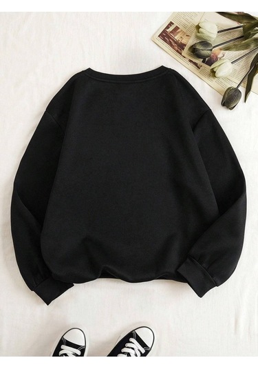 Pray Sweatshirt - Siyah Baskılı Oversize Bisiklet Yaka Siyah