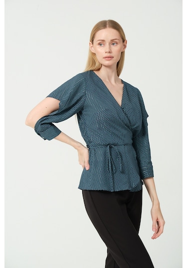 V Yaka Bağcıklı Kol Detaylı Bluz Petrol Mavi
