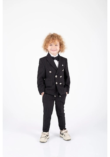 Erkek Çocuk Çizgili Ceket Gömlek Pantolon Papyonlu Takım Elbise Te.1001y Siyah