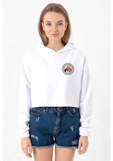 Popeye The Sailor Man Beyaz Optik Kadın Crop Kapşonlu 001