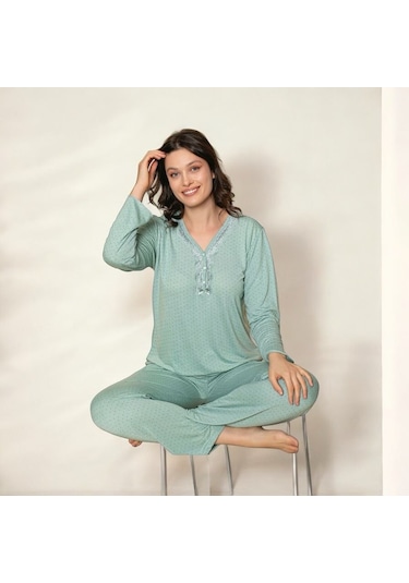Lukitus Bambu Dantel Detaylı Uzun Kol Kadın Pijama Takımı P4327 Yeşil