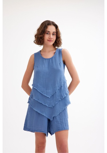 Pamuk Müslin Üçgen Bluz - Şık Ve Rahat Yaz Tasarımı Mavi