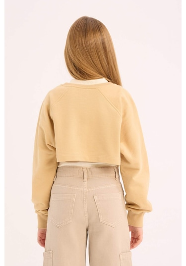 DeFacto Kız Çocuk Bisiklet Yaka Baskılı 2'li Sweatshirt D9442A825SPBG203 Bej