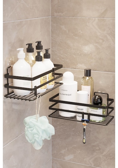 Suntel Yapışkanlı Ve Kancalı 2 Adet Banyo Rafı, Yapışkanlı Banyo Düzenleyici, Vidalama Yok Siyah