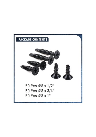 Moveevo 410 Paslanmaz Çelik Siyah Cruciform Yuvarlak Baş Otomatik Delici Vida, 1/2", 3/4", 1" Her Bir 50 Adet Toplam 150 Adet