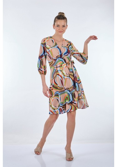 Explosion Midi V Yaka Sarımlı Elbise - Geometrik Desen - Günlük L