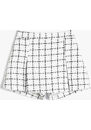 Koton Tüvit Şort Etek Ekoseli Beli Lastikli Ekru Çizgili 4skg40125aw Ekru
