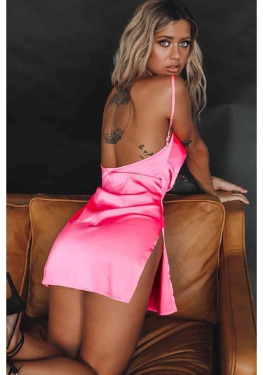 Alpinmoda Saten Yırtmaçlı Kısa Gecelik Ms23246 Pembe