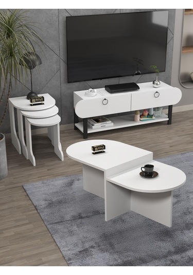 Tv Sehpası Ünitesi Tekli Orta Sehpa 3'lü Zigon Sehpa Set Üç Ürün Beyaz Beyaz