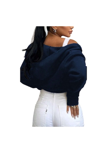 Lacivert Kadın Crop Fermuarlı Kapüşonlu Sweatshirt Lacivert