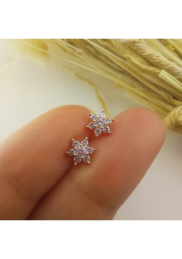 925 Ayar Gümüş Beyaz Taşlı Minimal Lotus Küpe Rose