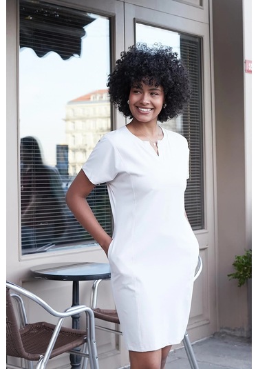 Kadın Modal İpeksi Hafif Esnek Kumaş Geniş Sıfır Yaka Patlı Düşük Omuzlu Yan Cepli Diz Boy Elbise-taş Taş