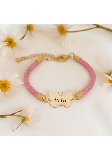 Archin Pelin İsmine Özel Kelebek Motifli 14 Ayar Altın Plakalı Doğal Pembe Derili Hediye Bileklik-429isim Pelin