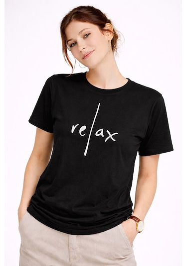 Nevermind Kadın Tişört Basic Minimal Baskılı Relax Yazılı Günlük Rahat Pamu Siyah