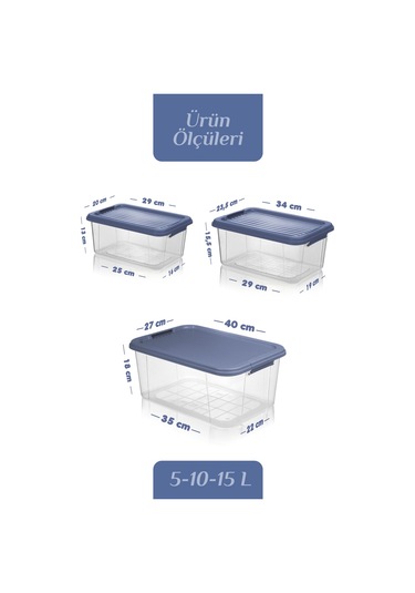 3'lü Organizer Box 5-10-15l Saklama Kabı - Çok Amaçlı Düzenleyici Kilit Kapak Derin Saklama Kutusu Mavi