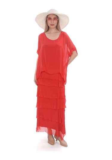 İtalyan 2 Beden İnce Gösteren Yarım Kol Kat Kat Ipek Elbise Kırmızı