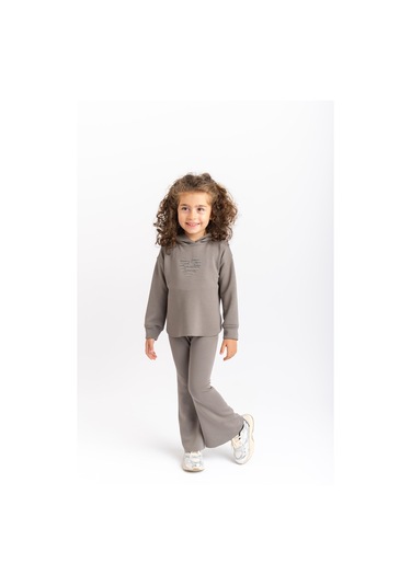 Oliventhekid İspanyol Paça Kapüşonlu Modal Kız Çocuk Takım Gri Gri