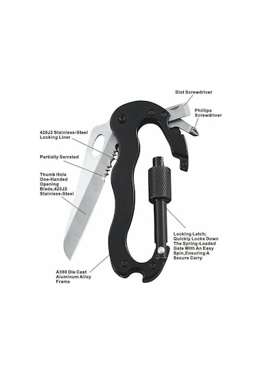 MSO Outdoor Paslanmaz Çelik Karabina Çakı Bıçak Tornavida Siyah